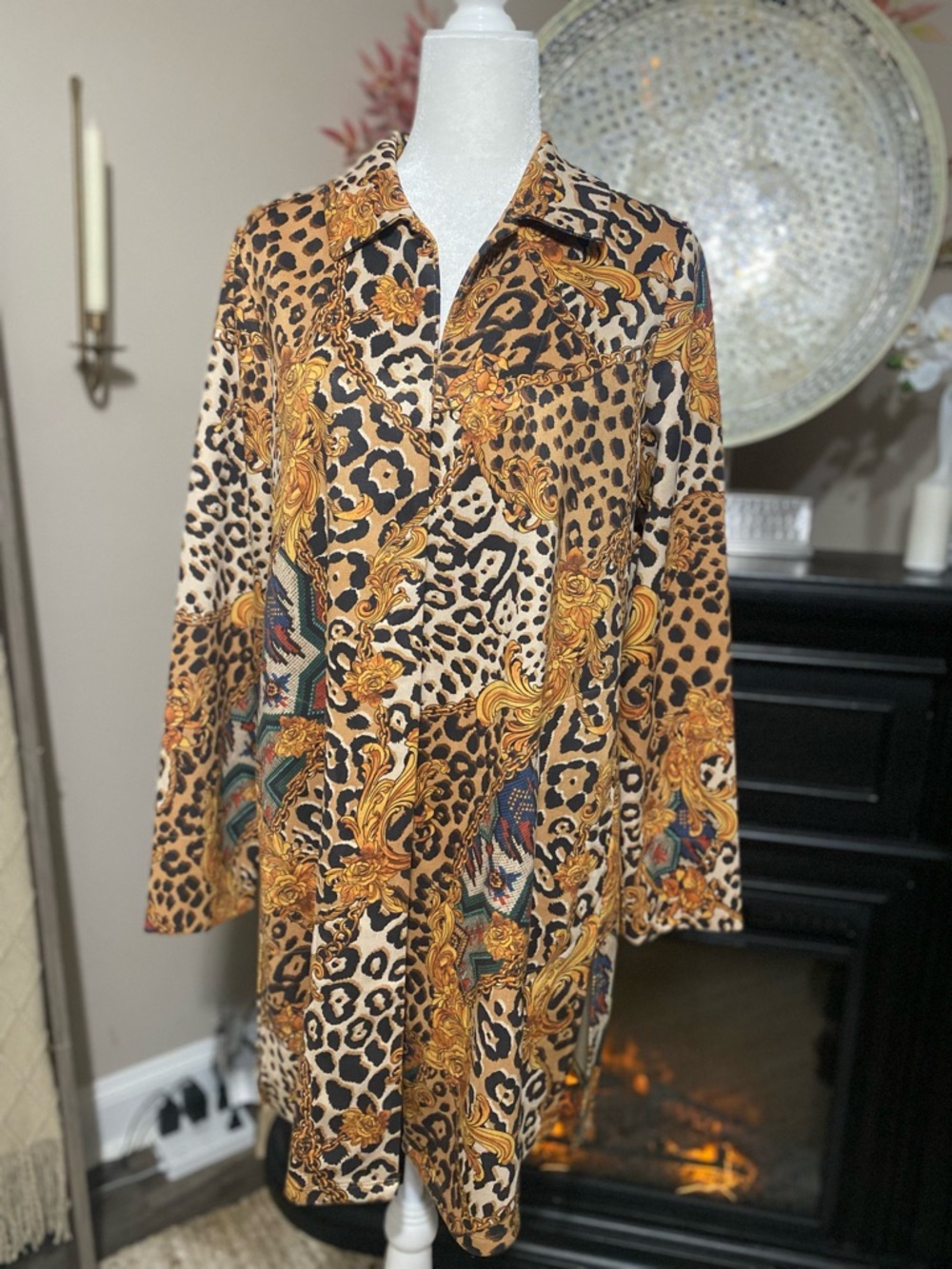 IMAN Leopard Baroque Chain Long Jacket Duster Cardigan Women’s Size‎ L